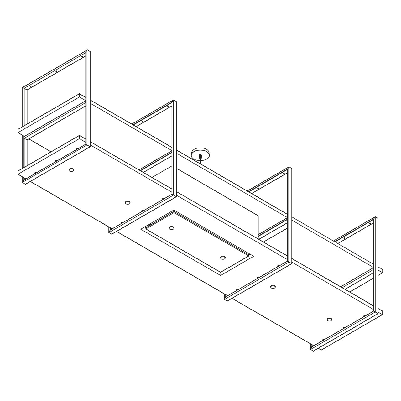 Technisch ontwerp van de Wave eiland afzuigkap 2057 met elegante RVS afwerking en LED-verlichting