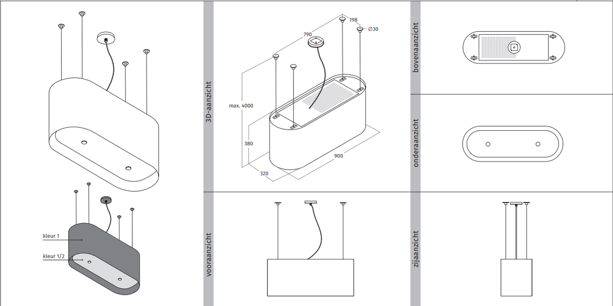 Wave 2119.102 OVAL - 90 cm eilandafzuigkap RAL 9017 zwart - interne motor - LED verlichting