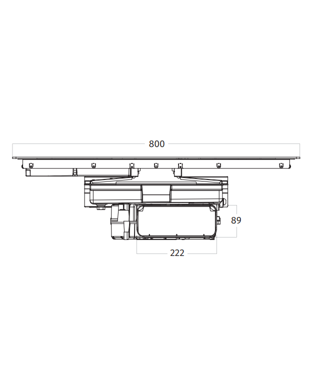 Technische tekening van Wave afzuigkookplaat met afmetingen en onderaanzicht