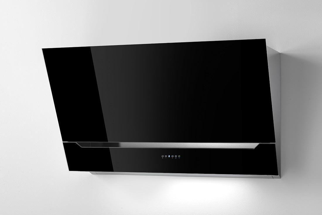 Airone W - 001 - LEONARDO wand model - 90 cm - RVS - zwart glas - interne motor - afzuigkapSpecialist.nl