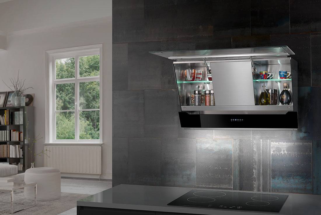 Airone W - 001 - LEONARDO wand model - 90 cm - RVS - zwart glas - interne motor - afzuigkapSpecialist.nl