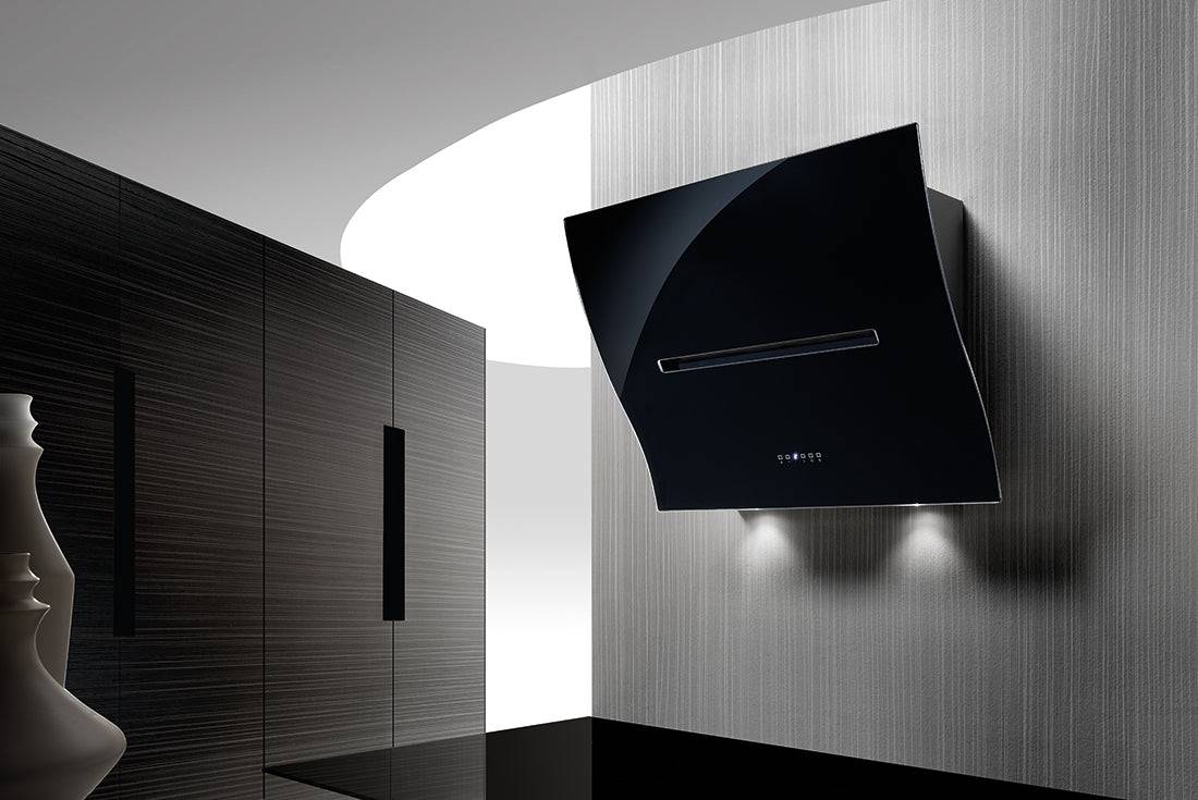 Airone W - 002 - BOHEME wand model - 80 cm - RVS - zwart glas - interne motor - afzuigkapSpecialist.nl