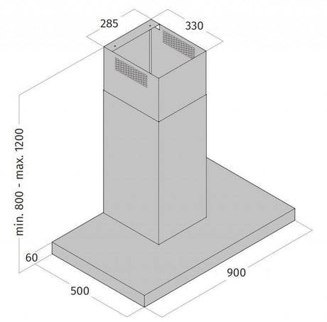 Technische tekening van de Wave RVS wandafzuigkap 90 cm met afmetingen en specificaties