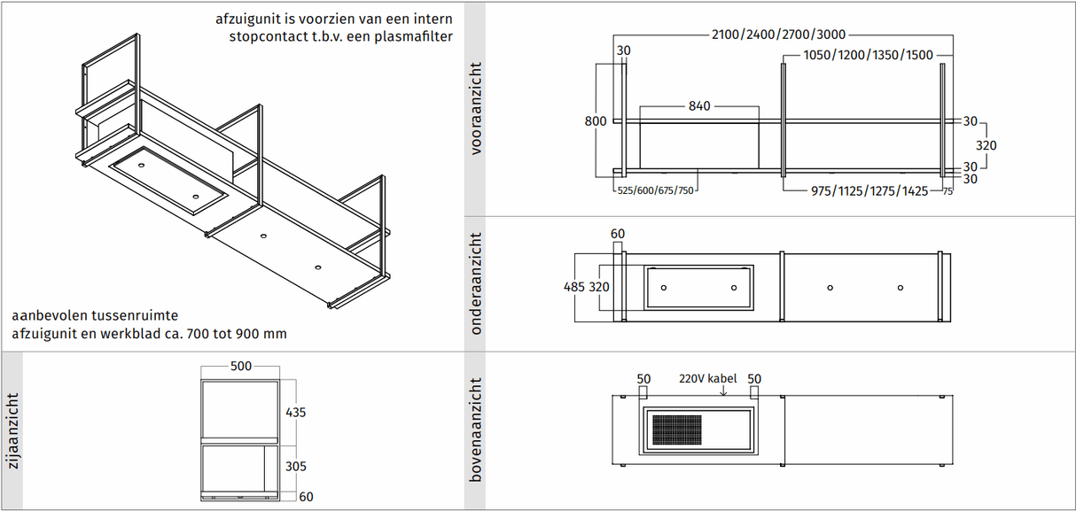 Wave 1053.00 FRAME links - 210 cm RVS - 4 x 4,2 W dimbare LED 2700 Kelvin - afzuigkapSpecialist.nl