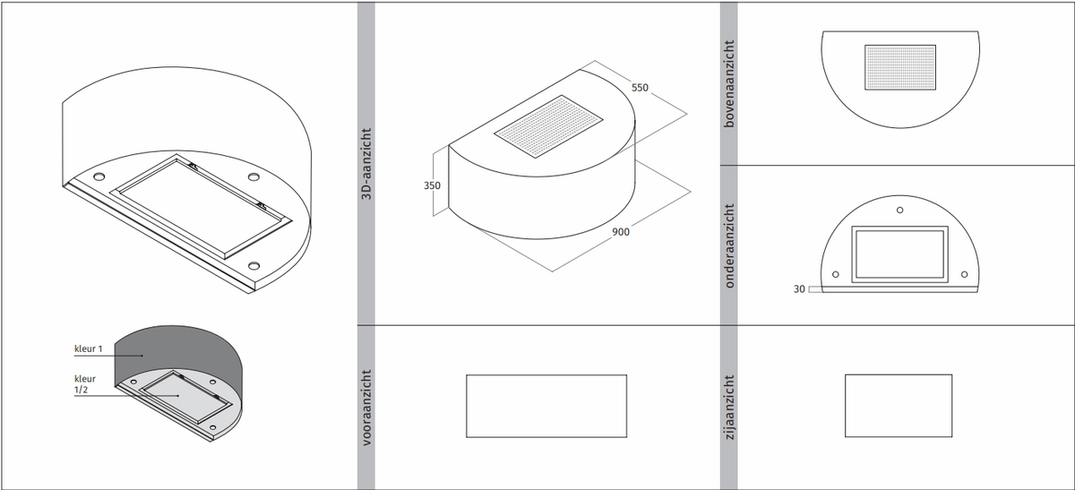 Maattekening van de Wave 1620 CYLINDER wandafzuigkap 90 cm met aanzichten en afmetingen