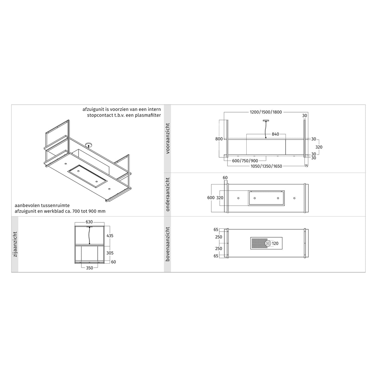 Maattekening van de Wave 2052 FRAME eilandafzuigkap met afzuigunit in het midden: vooraanzicht, onderaanzicht, bovenaanzicht en zijaanzicht