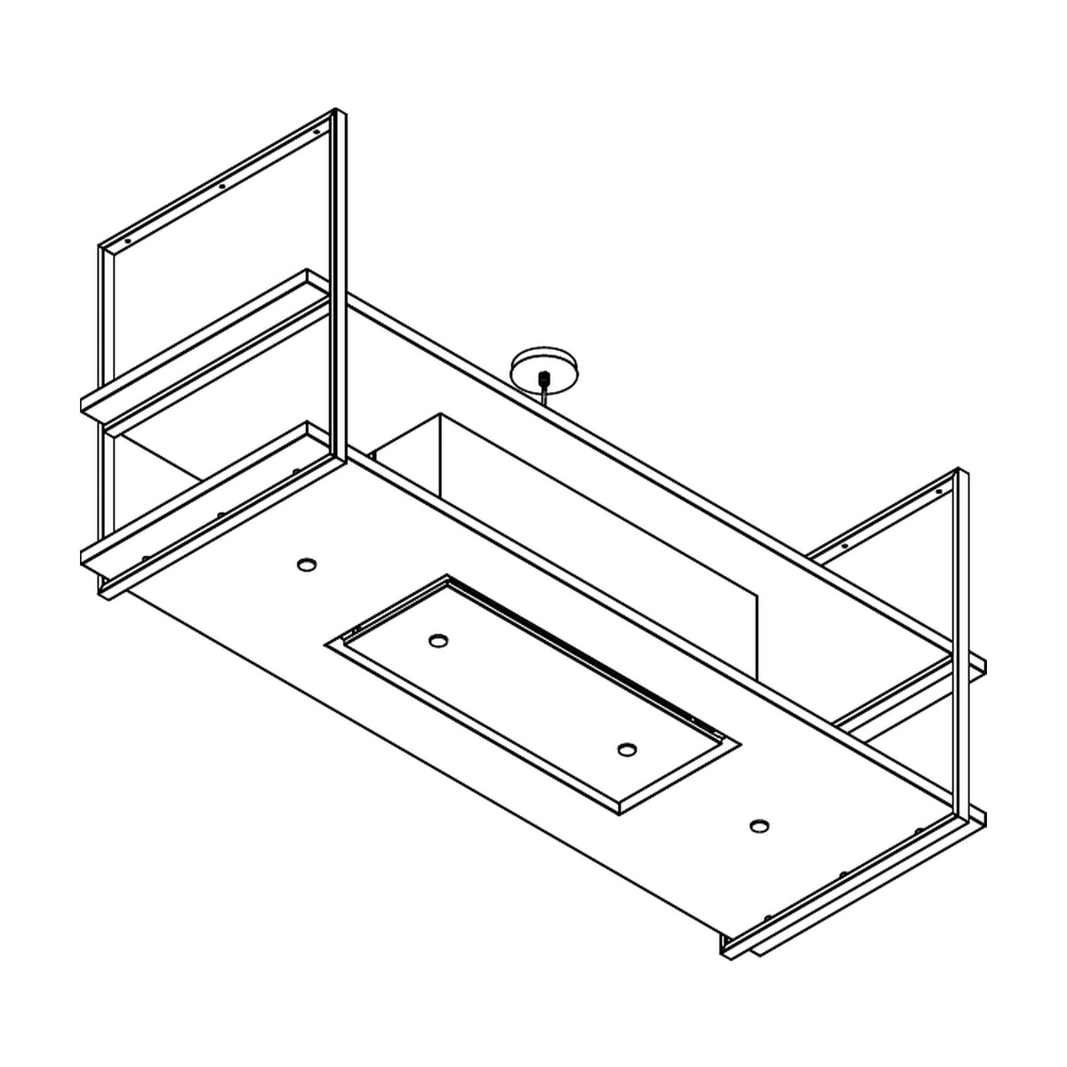 Lijntekening van de Wave 2052 FRAME eilandafzuigkap met afzuigunit in het midden, leverbaar van 120 tot 180 cm