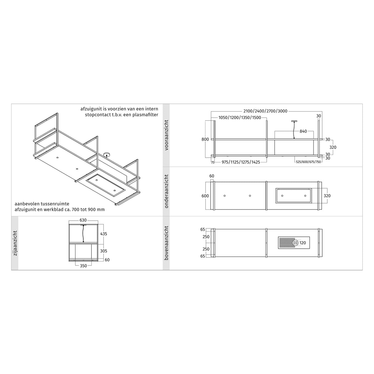 Maattekening van de Wave 2054 FRAME eilandafzuigkap met afzuigunit rechts: vooraanzicht, onderaanzicht, bovenaanzicht en zijaanzicht
