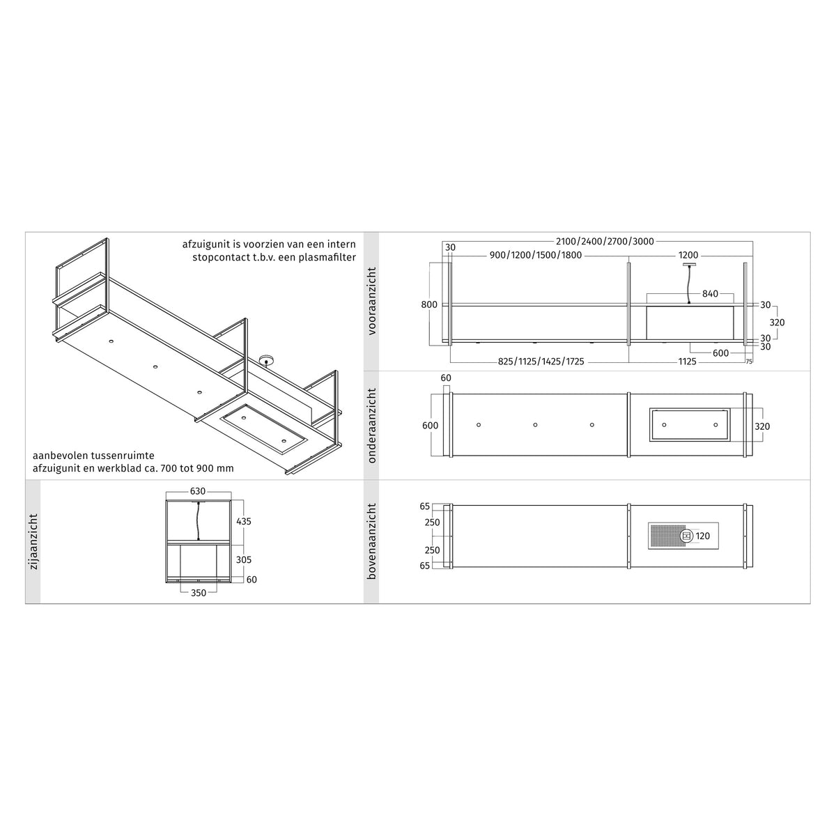 Maattekening van de Wave 2056 FRAME eilandafzuigkap met afzuigunit rechts: vooraanzicht, onderaanzicht, bovenaanzicht en zijaanzicht