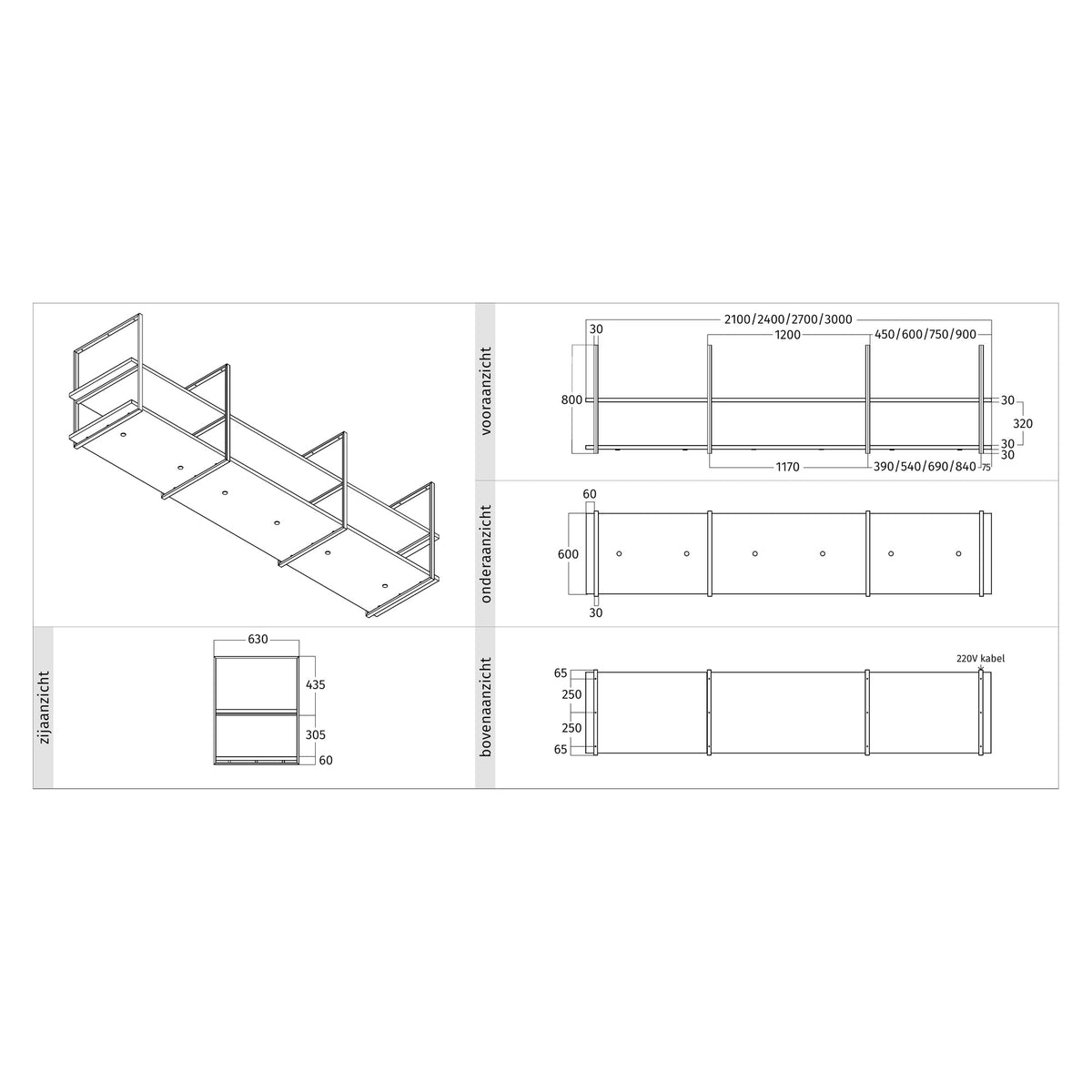 Maattekening van het Wave 2057 FRAME eilandmodel zonder motor (motorloos): vooraanzicht, onderaanzicht, bovenaanzicht en zijaanzicht