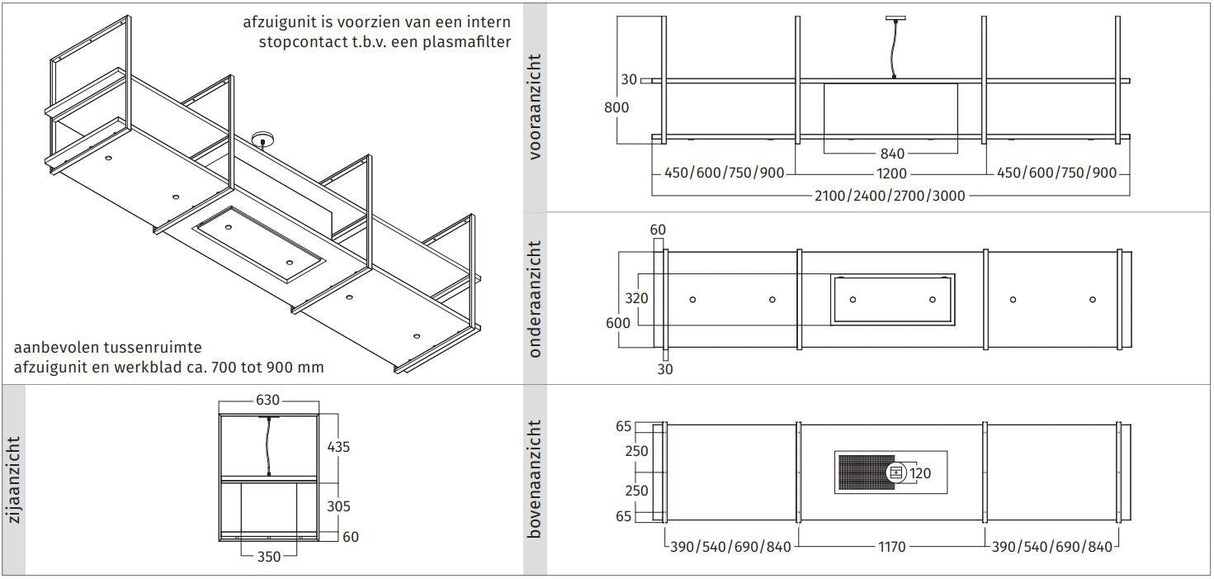 Wave 2057.22 FRAME midden - 270 cm eilandafzuigkap zwart - RAL 9017 mat - interne motor - LED verlichting - afzuigkapSpecialist.nl