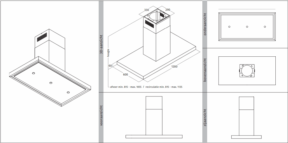 Wave 2066.402 T - SHAPE - 120 cm eilandafzuigkap - 1 kleur naar keuze - interne motor - LED verlichting - afzuigkapSpecialist.nl