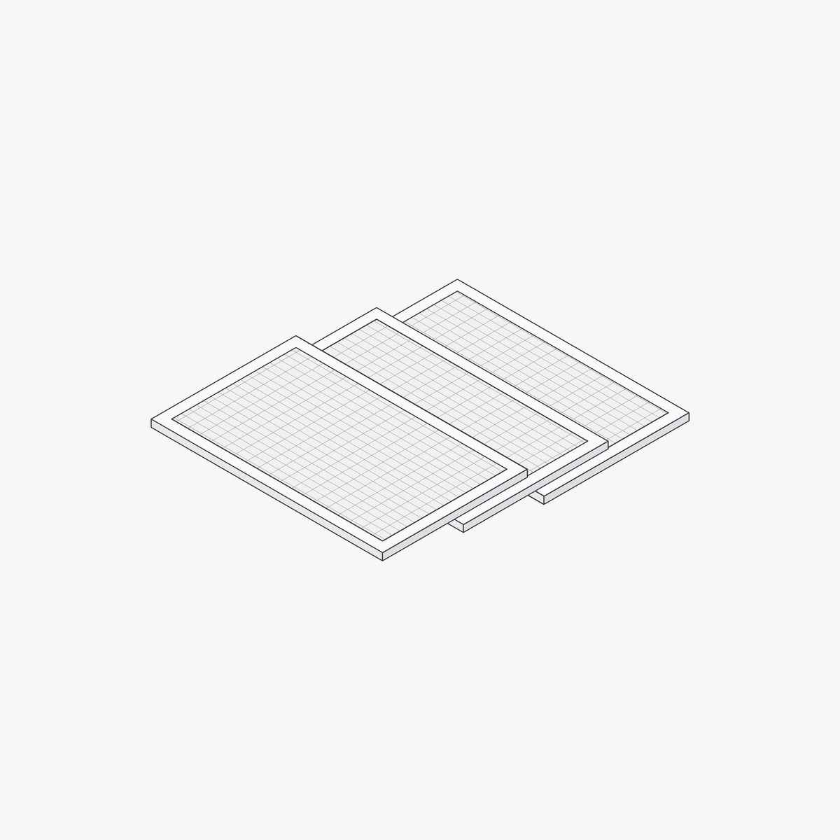 Lijntekening van een set van 3 uitwasbare koolstoffilters voor een Wave afzuigkap