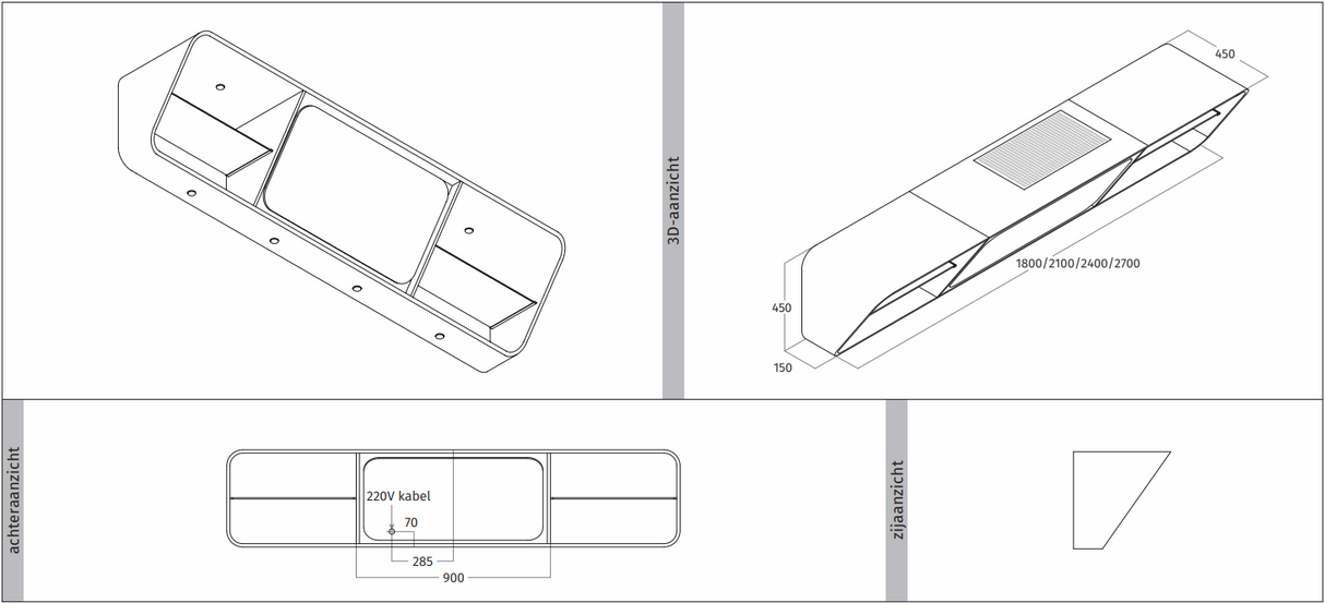 Wave 1266.101 CLASSIC 210 cm wandafzuigkap - wit - RAL 9016 mat - interne motor recirculatie - LED