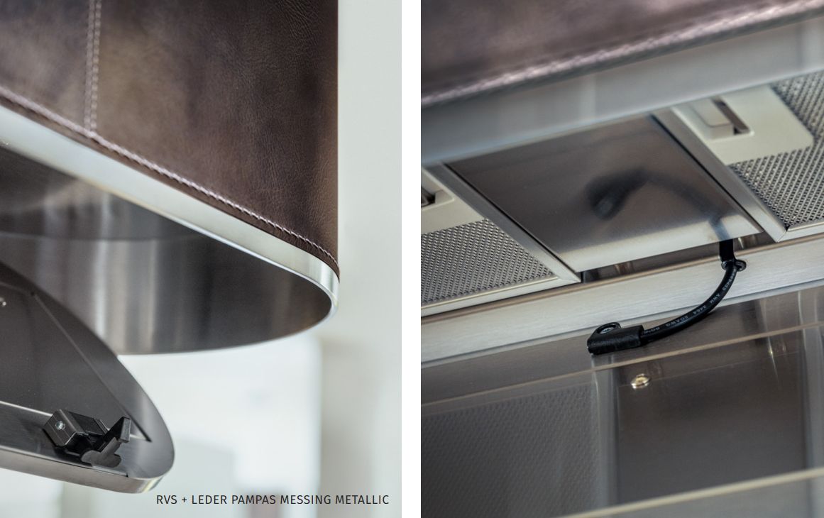 Moderne afzuigkap rvs met leren details en messing accenten voor stijlvolle keukens