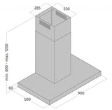 Technische tekening van de Wave RVS wandafzuigkap 90 cm met afmetingen en specificaties