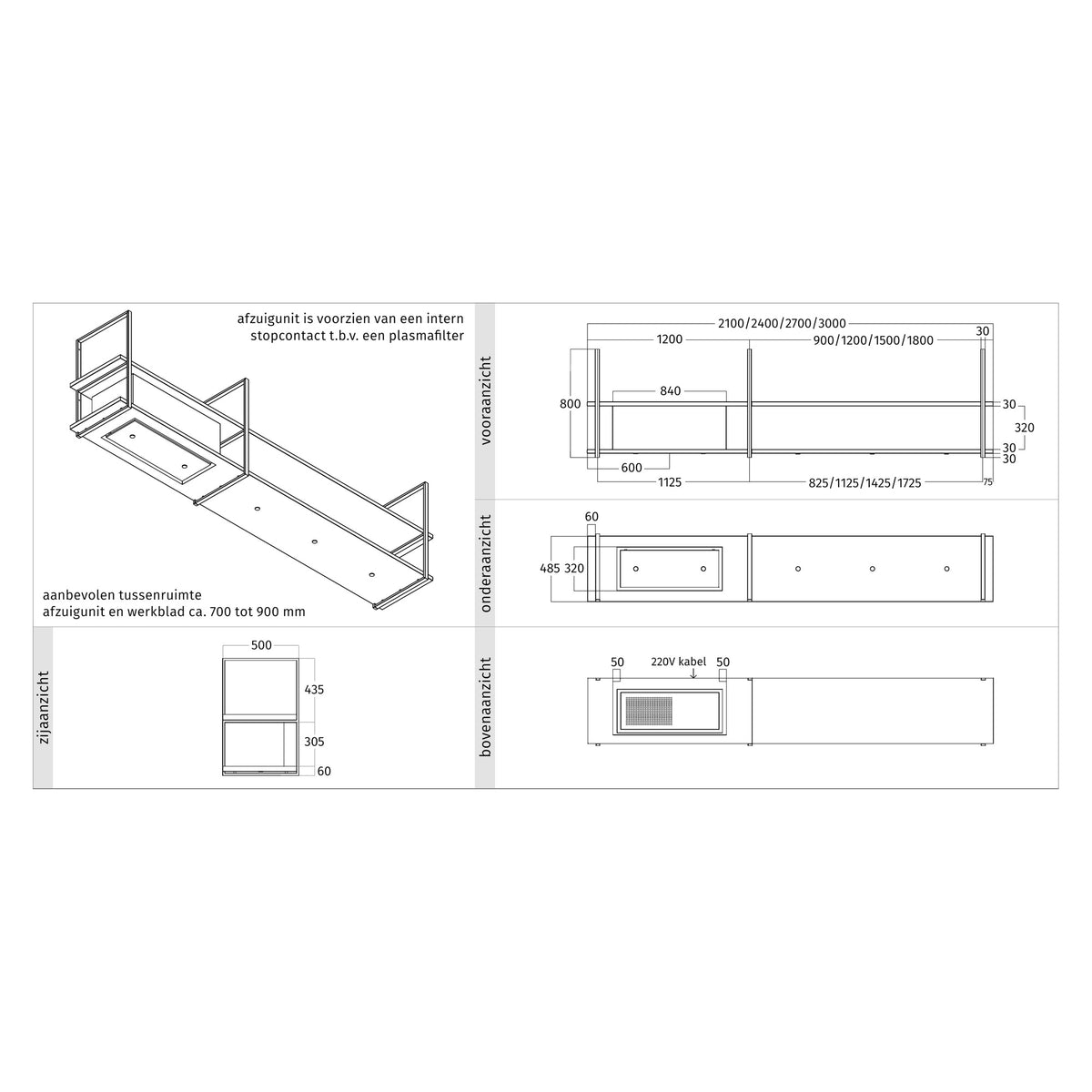Maattekening van de Wave 1055 FRAME wandafzuigkap met afzuigunit links: vooraanzicht, onderaanzicht, bovenaanzicht en zijaanzicht