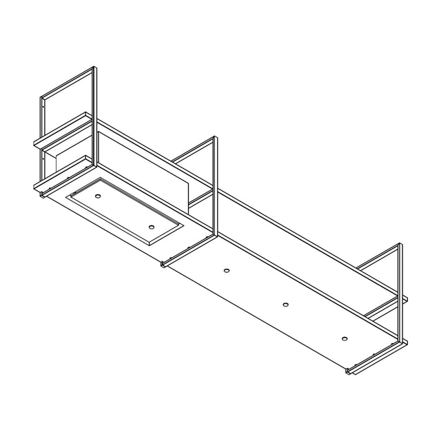 Lijntekening van de Wave 1055 FRAME wandafzuigkap met afzuigunit links, leverbaar van 210 tot 300 cm