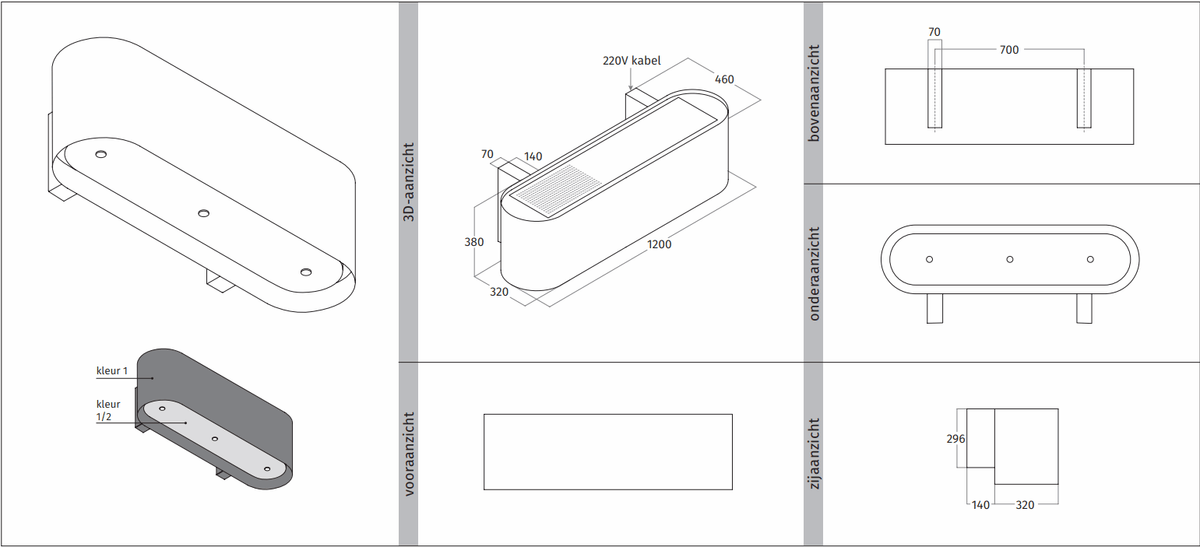 Maattekening van de Wave 1119 OVAL wandafzuigkap 120 cm met aanzichten en afmetingen, tweede blad