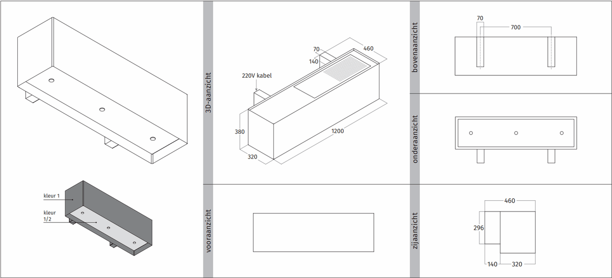 Maattekening van de Wave 1120 LINE wandafzuigkap 120 cm met aanzichten en afmetingen, tweede blad