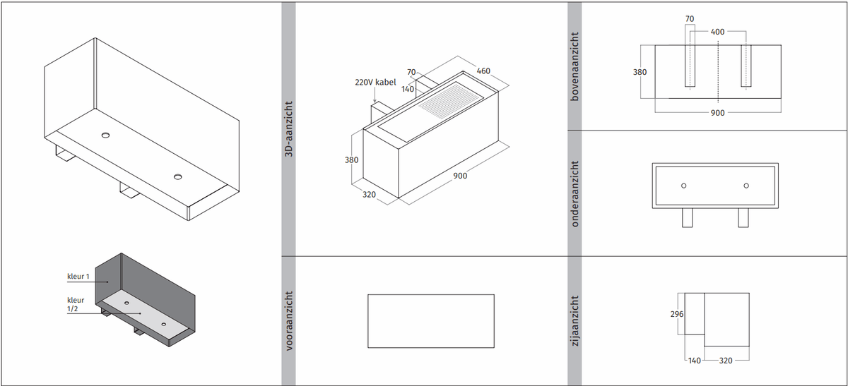 Maattekening van de Wave 1120 LINE wandafzuigkap 90 cm met aanzichten en afmetingen, tweede blad