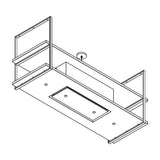 Lijntekening van de Wave 2052 FRAME eilandafzuigkap met afzuigunit in het midden, leverbaar van 120 tot 180 cm