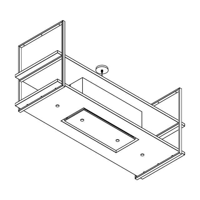 Lijntekening van de Wave 2052 FRAME eilandafzuigkap met afzuigunit in het midden, leverbaar van 120 tot 180 cm