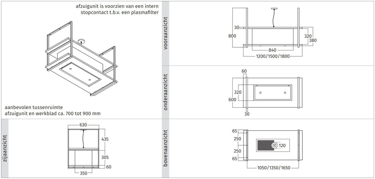 Wave 2052.22 FRAME midden - 150 cm eilandmodel zwart - RAL 9017 mat - 4 x 4,2 W dimbare LED 2700 Kelvin - afzuigkapSpecialist.nl