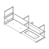 Lijntekening van de Wave 2054 FRAME eilandafzuigkap met afzuigunit rechts, leverbaar van 210 tot 300 cm