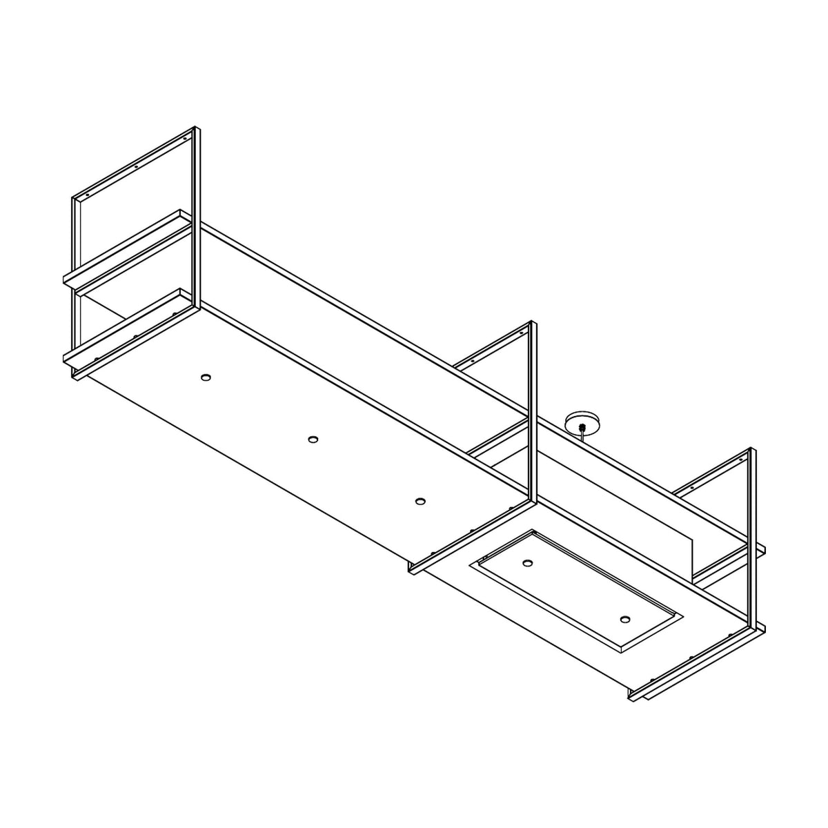 Lijntekening van de Wave 2056 FRAME eilandafzuigkap met afzuigunit rechts, leverbaar van 210 tot 300 cm
