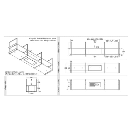 Maattekening van de Wave 2057 FRAME eilandafzuigkap met afzuigunit in het midden: vooraanzicht, onderaanzicht, bovenaanzicht en zijaanzicht