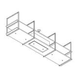 Lijntekening van de Wave 2057 FRAME eilandafzuigkap met afzuigunit in het midden, leverbaar van 210 tot 300 cm