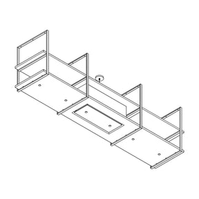 Lijntekening van de Wave 2057 FRAME eilandafzuigkap met afzuigunit in het midden, leverbaar van 210 tot 300 cm