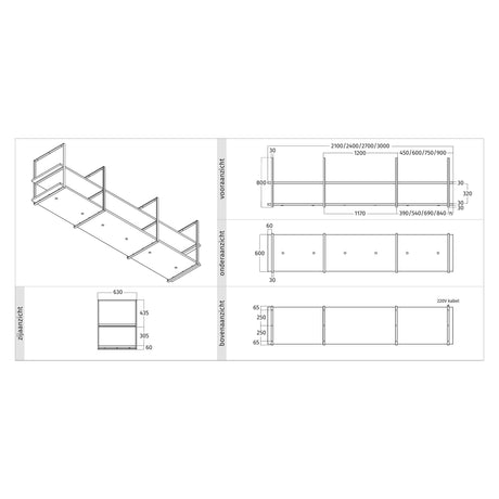 Maattekening van het Wave 2057 FRAME eilandmodel zonder motor (motorloos): vooraanzicht, onderaanzicht, bovenaanzicht en zijaanzicht