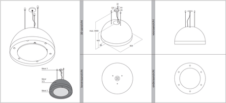 Maattekening van de Wave 2176 SPHERE afzuiglamp 82 cm met aanzichten en afmetingen