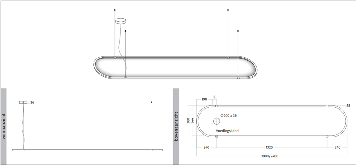 Maattekening van de Wave 7391 OVAL LED hanglamp met aanzichten en afmetingen