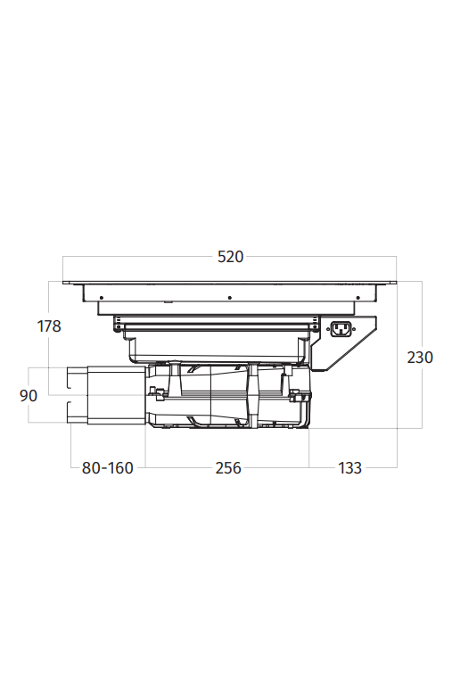 Technische tekening van de Wave Emerald 4120, zijaanzicht met afzuigunit en afmetingen