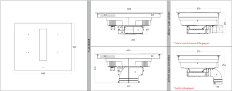 Maattekening van de Wave Peyto 4114.00 inductiekookplaat met afzuiging, 60 cm: bovenaanzicht en zijaanzichten