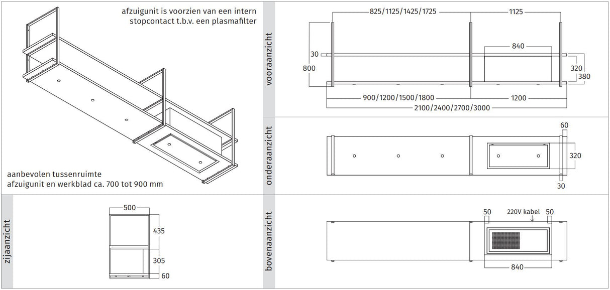 Wave Design 1056.00 FRAME rechts - 240 cm wandafzuigkap RVS - interne motor - LED verlichting