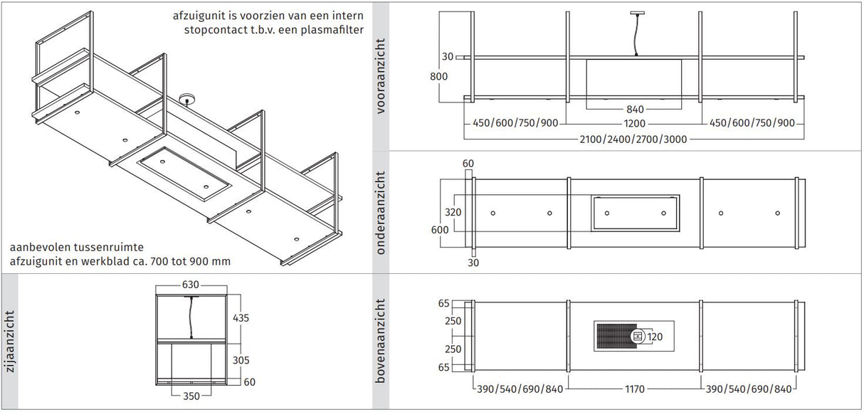 Wave Design 2057.21 FRAME midden - 240 cm eilandafzuigkap - kleur naar keuze - mat/glanzend - interne motor - LED verlichting